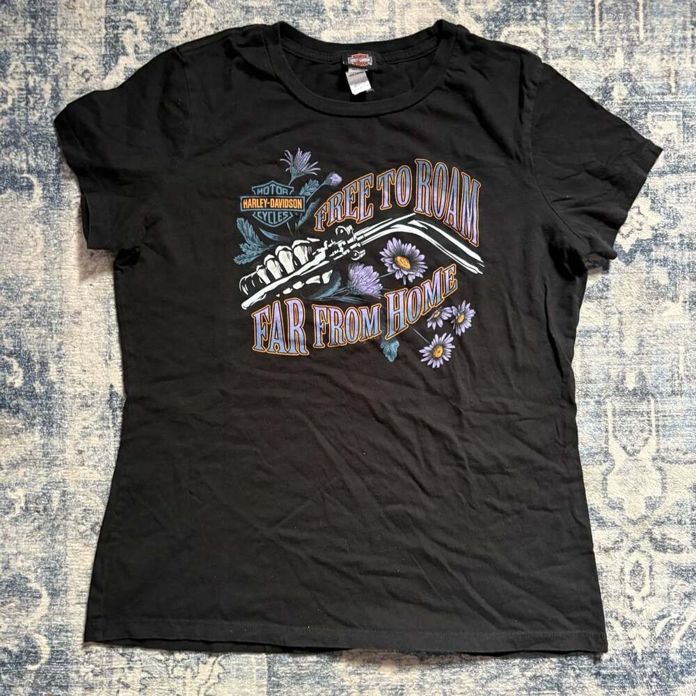 Harley-Davidson T-Shirt Size L Wmns Black Free To Roam Far From Home Piqua Ohio